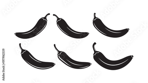 Six chili peppers in a symmetrical arrangement with bold black silhouettes and clean white backgrounds