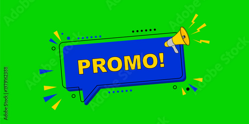Promo speech bubble with megaphone on green screen.