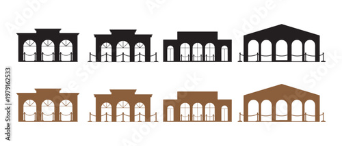 Collection of Stylized Building Facades with Arched Entrances and Stanchions in Silhouette and Color.