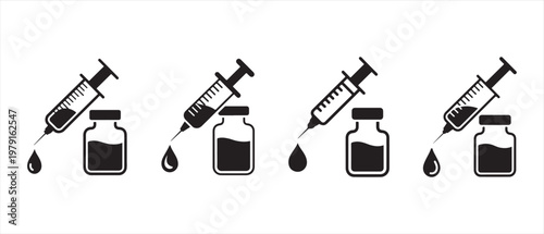Medical icons of a syringe drawing liquid from a vial and dropping it, set against a white background.