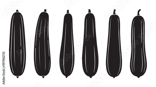 Six organic zucchini silhouettes in a row against a white background with a woodcut style
