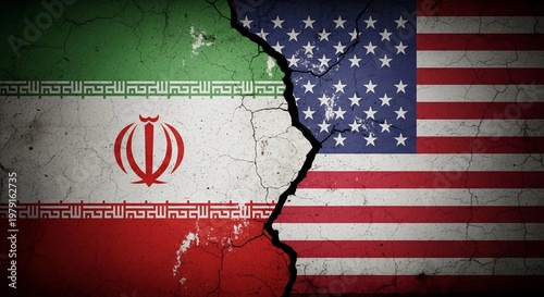 A cracked and worn image of the Iranian and American flags side by side