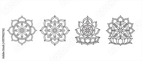 Dharma Wheel and Lotus Flower Line Art Vector Illustrations. on White Background for Spiritual Design.