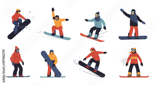 Diverse Snowboarders Performing Tricks and Riding Down Snowy Slopes