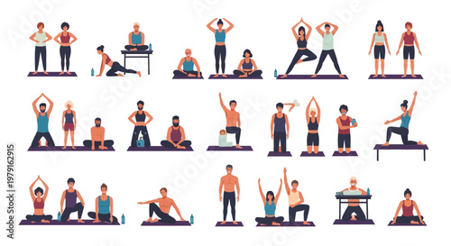 Diverse people practicing yoga poses indoors, promoting wellness and fitness