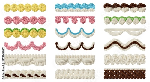 Pastel buttercream frosting borders set, decorative cake icing piping collection, colorful whipped cream swirls and sweet dessert toppings on white