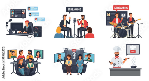 Diverse People Streaming Content Online: Gaming, Music, Podcast, Cooking, and Video Calls