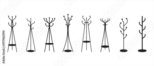 Collection of Coat Stands and Hat Racks, Black Silhouettes on Clean White Background.