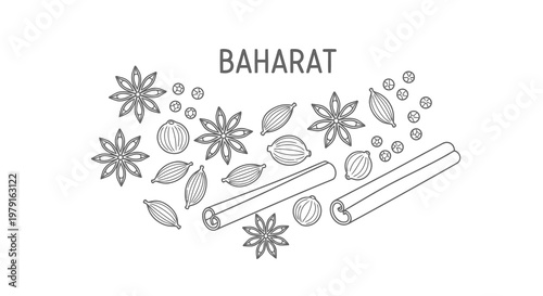 A simple black and white illustration of baharat spice blend ingredients.