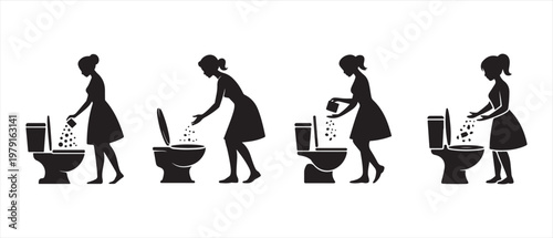 Woman's Silhouette Cleaning Toilet Bowl with Cleaning Tablets, Step-by-Step Instructions.