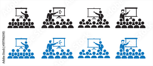 Business Presentation Icons. Speaker Addressing Audience with Projector Screen, Depicting Training and Seminar in Black and Blue.