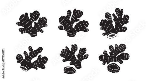 Six stylized black ginger root icons on white background