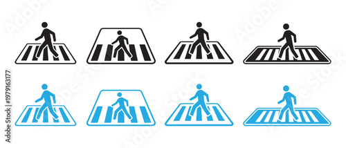 Pedestrian crossing symbols. black and blue icons for traffic safety and city navigation on white background.