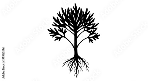A simple black silhouette of a tree with roots on a white background.