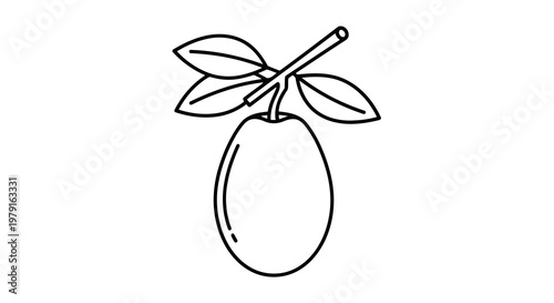 A simple line drawing of a mango with leaves attached to the stem.