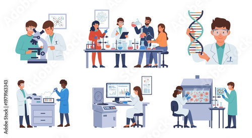 Diverse scientists in laboratory conducting research, DNA, microscope, experiments