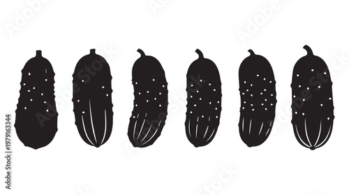 Six stylized cucumber silhouettes lined up in a row against a white background