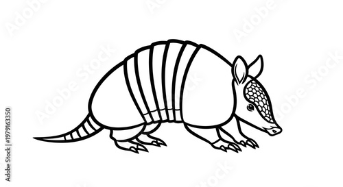 Simple black and white illustration of an armadillo with distinctive shell and claws.
