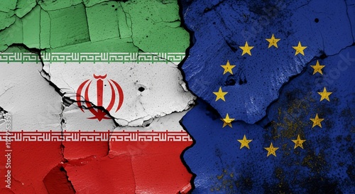 A cracked and worn image of the Iranian and European flags side by side