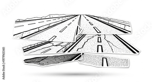 Abstract Highway Roads Collage Sketch Style.