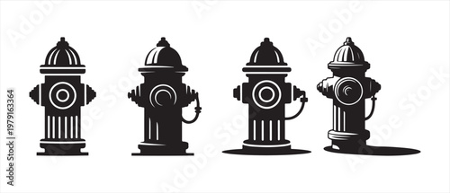 Set of black fire hydrant silhouettes and icons, isolated on white background, depicting urban plumbing and emergency safety.