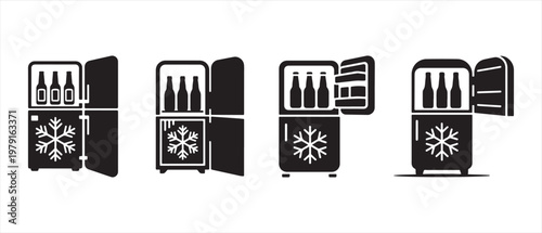 Refrigerator Icons Set. Black & White Vector Set with Open Doors, Bottles, and Snowflake Symbol.