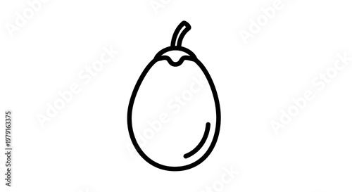 A simple black and white line drawing of a fruit possibly a mango or an eggplant.