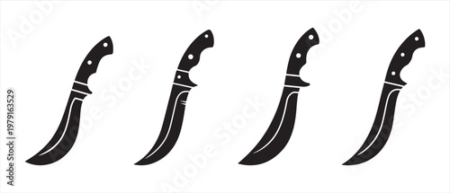 Black Curved Knives Silhouettes. Isolated on White Background, Modern Hunting or Survival Blade Collection.