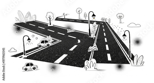 Abstract illustration of a road intersection with cars and streetlights.