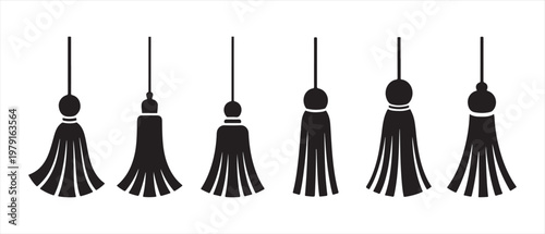 Foto Stylish black tassel decorative elements set, various elegant silhouette designs isolated on white background