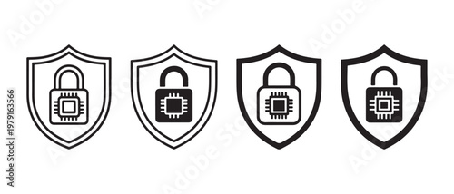 Digital security icons set. shield with padlock and microchip, representing cybersecurity, data protection, and technology.