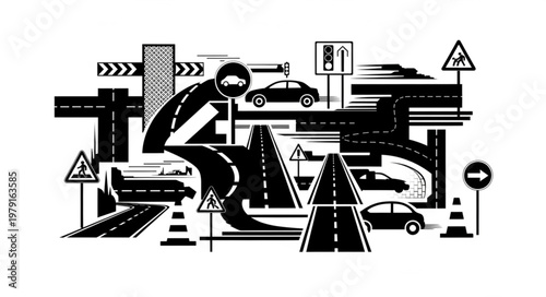 Abstract illustration of busy highway traffic and road signs.