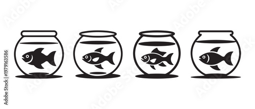 Goldfish in separate glass fishbowls icons. on a white background, representing isolation or individuality..