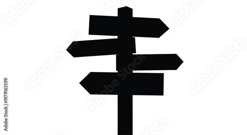 A black signpost with multiple directional arrows a stark silhouette