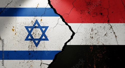 A torn and cracked image of the Israeli and Palestinian flags side by side