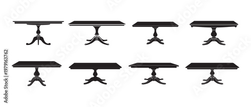 Set of Eight Black Pedestal Dining Tables. Isolated on White Background.