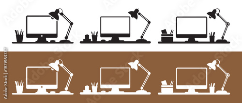 Desk with Computer, Lamp, and Pen Holders - Silhouette and Flat Design.