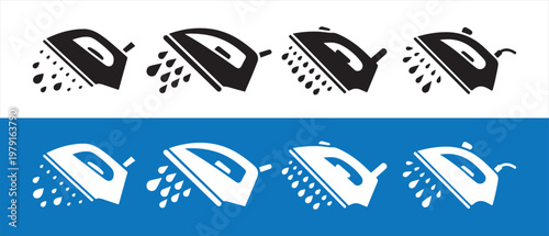 Steam Iron Icon Set. with Water Drops in Flat Minimalist Design on White and Blue Backgrounds.