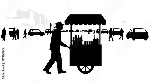 Man pushing food cart city.