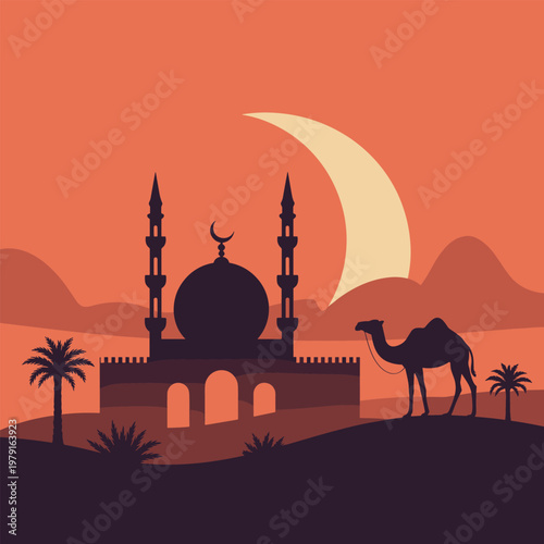 Desert mosque silhouette under crescent moon and camel