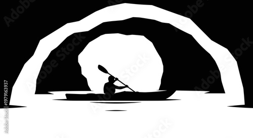 Person Paddling Through Cave Entrance.