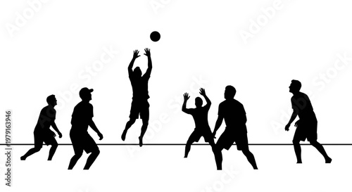 Silhouette of volleyball players jumping.