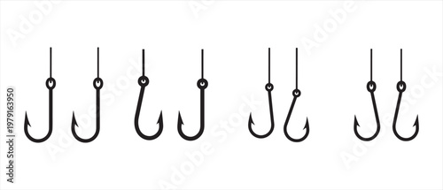 Fishing Hooks Collection. Vector Line Art on Clean White Background, Minimalist Design.