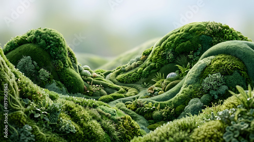 Detailed green valley with moss covered hills and organic flowing terrain, eco landscape concept with depth and soft lighting