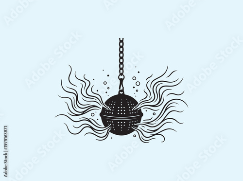 Solid black graphic element of a tea ball in brewing motion