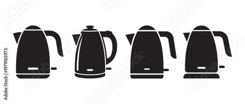 Collection of black electric kettles icons. on a white background, different designs and styles.