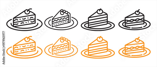 Set of Outline Cake Slice Icons. on Plates with Cherry Topping, Black and Orange Vector Graphics.