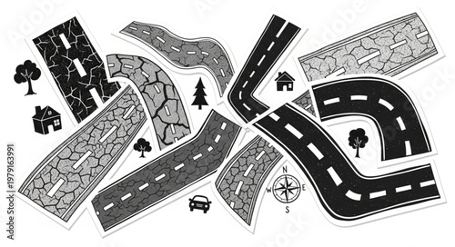 Abstract illustration of various roads and pathways with trees and cars.
