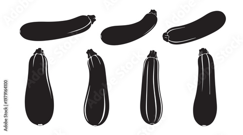 Zucchini silhouettes isolated on white background showing multiple perspectives and details