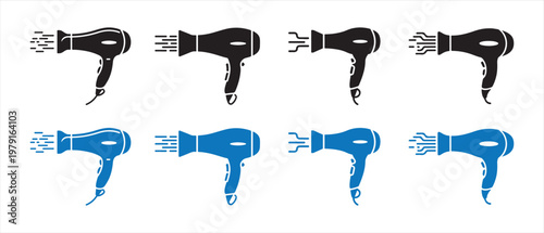 Hair Dryers Vector Icon Set. Black and Blue Styling Appliances, Blowing Air and Idle Modes, on White Background.